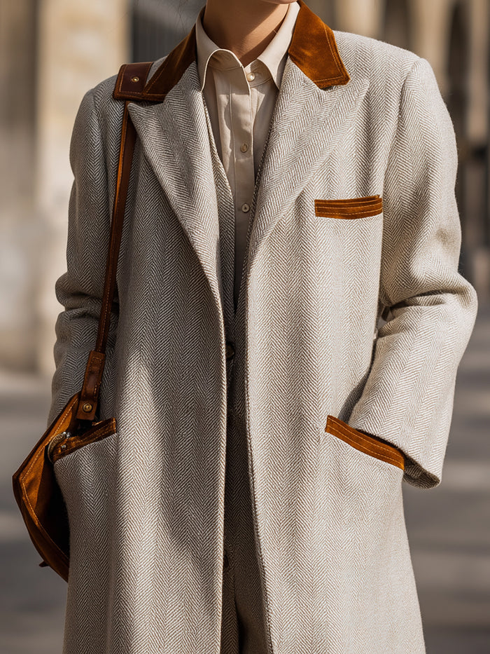 Trim Herringbone Wool Overcoat