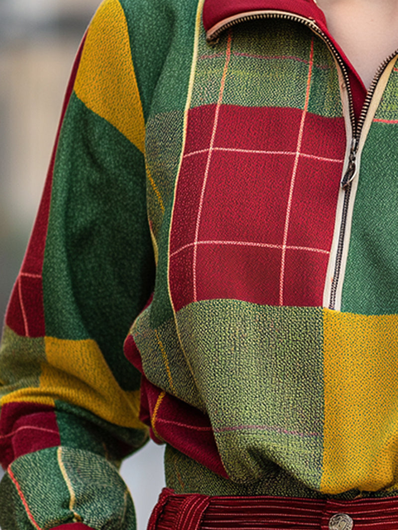 Color-blocked Zipper Plaid Sweatshirt