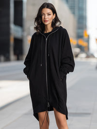 Oversized Hoodie Zip Front Dress With Drawstring Hem
