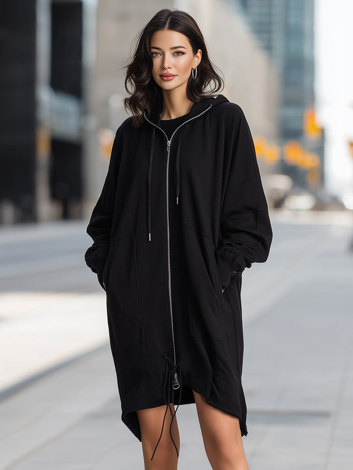 Oversized Hoodie Zip Front Dress With Drawstring Hem