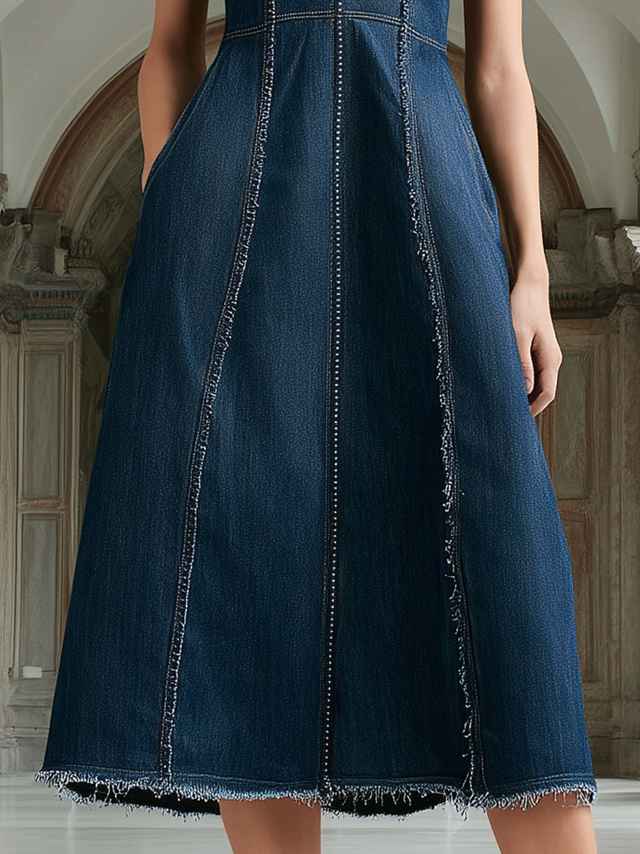 High-Neck Sleeveless Structured Denim Midi Dress