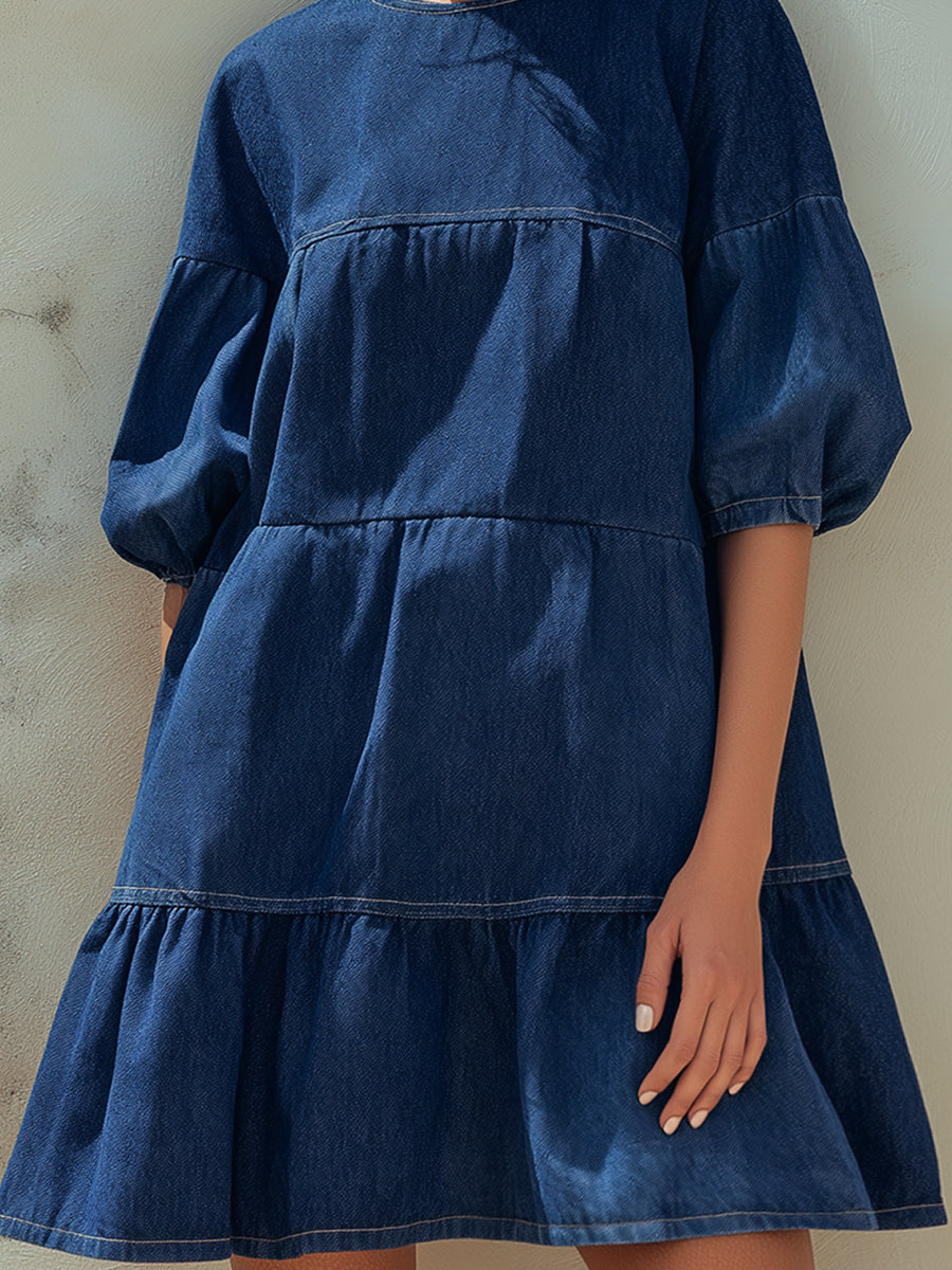 Puff Sleeve Tiered Denim Mini Dress