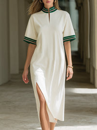 Contrast Trim Stand Neck Short Sleeve Slit Midi Dress