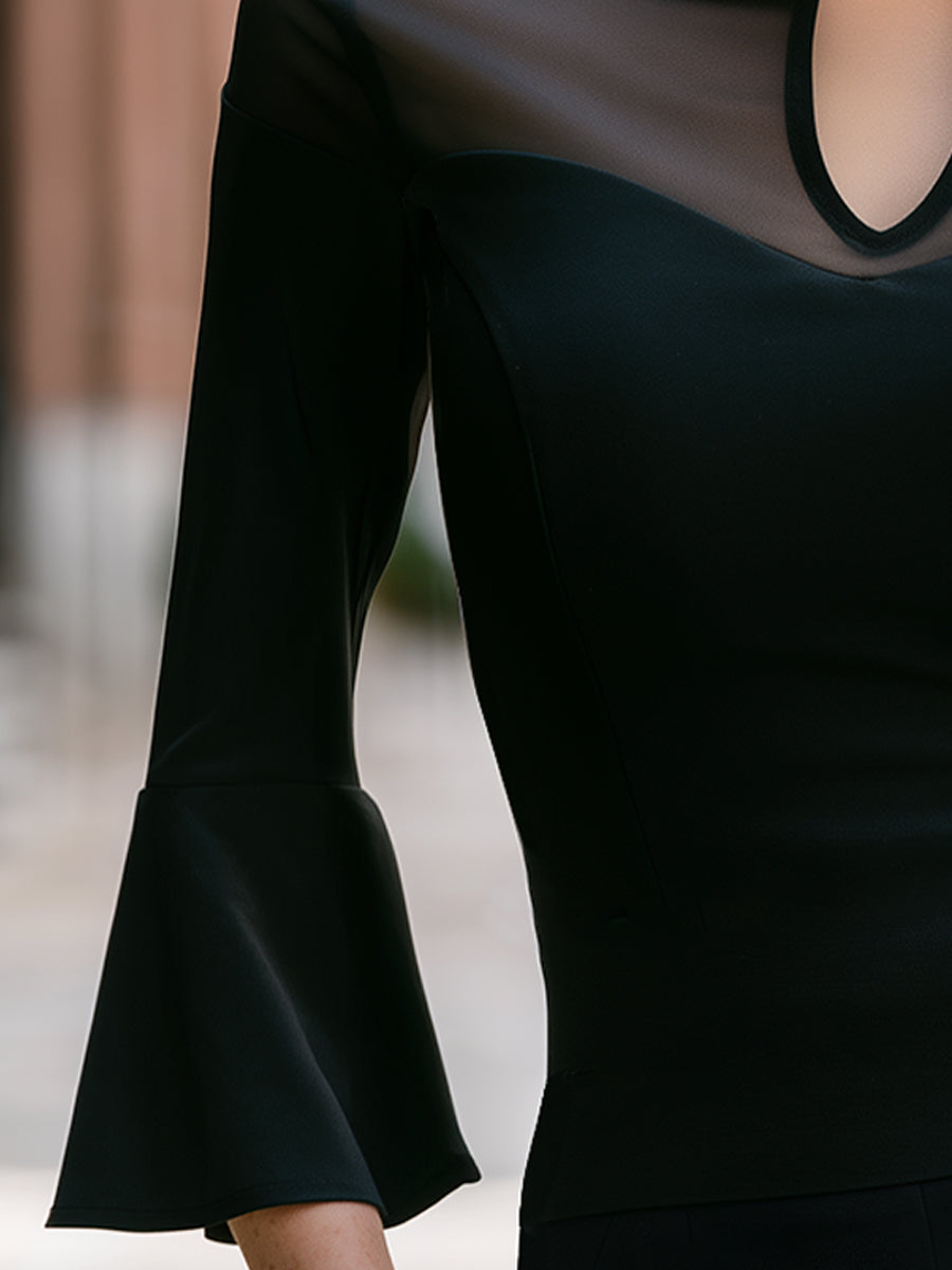 Black Sheer Yoke V-Neck Bell-Sleeve Top