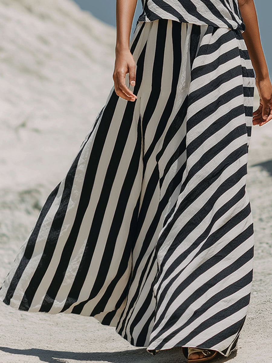 Sleeveless Striped Top And Printed Skirt Two-Piece Set