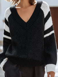 Contrast-Stripe Chunky Knit V-Neck Sweater