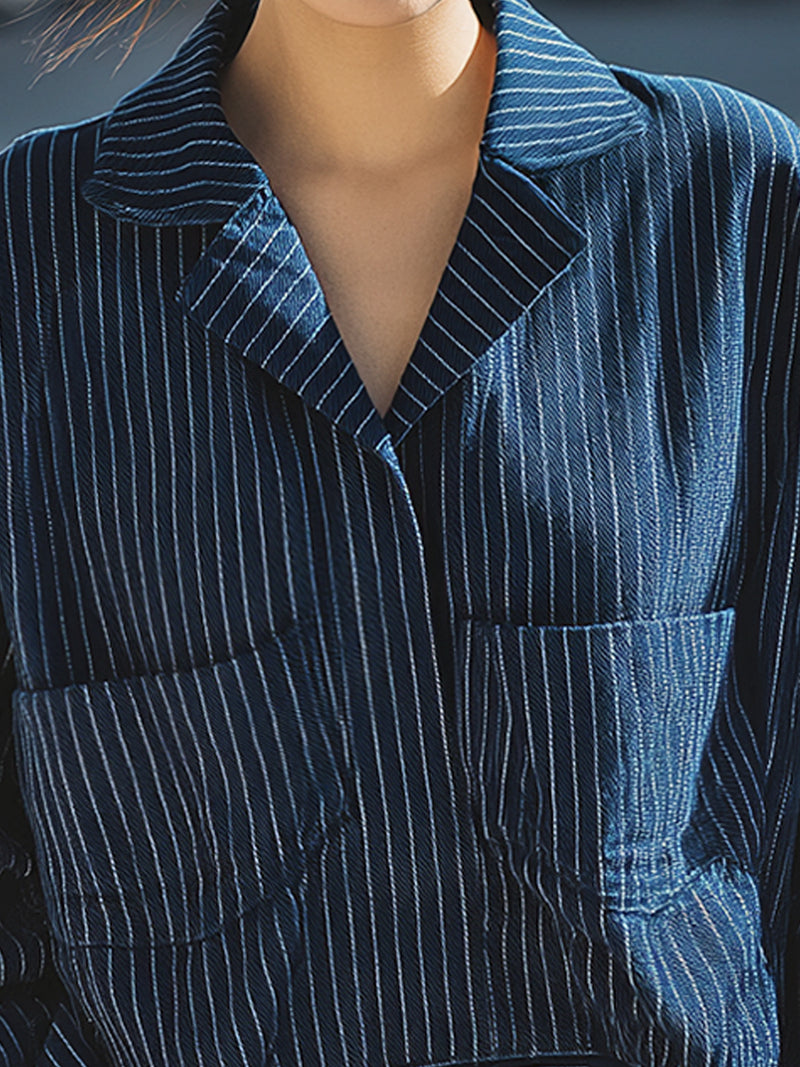 Navy Blue Pinstriped Drop-shoulder Loose Coat