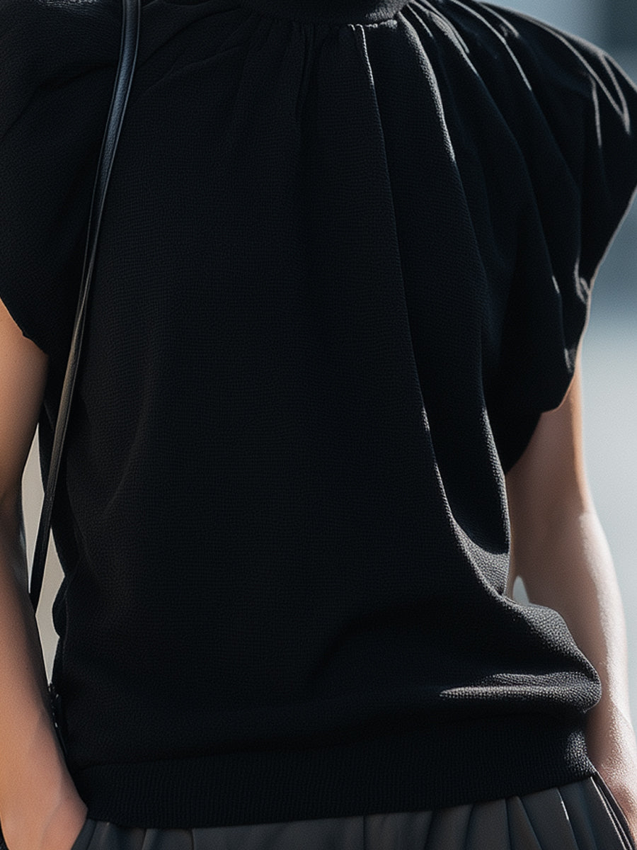 Black Pleated High-Neck Cap Sleeve Knit Top