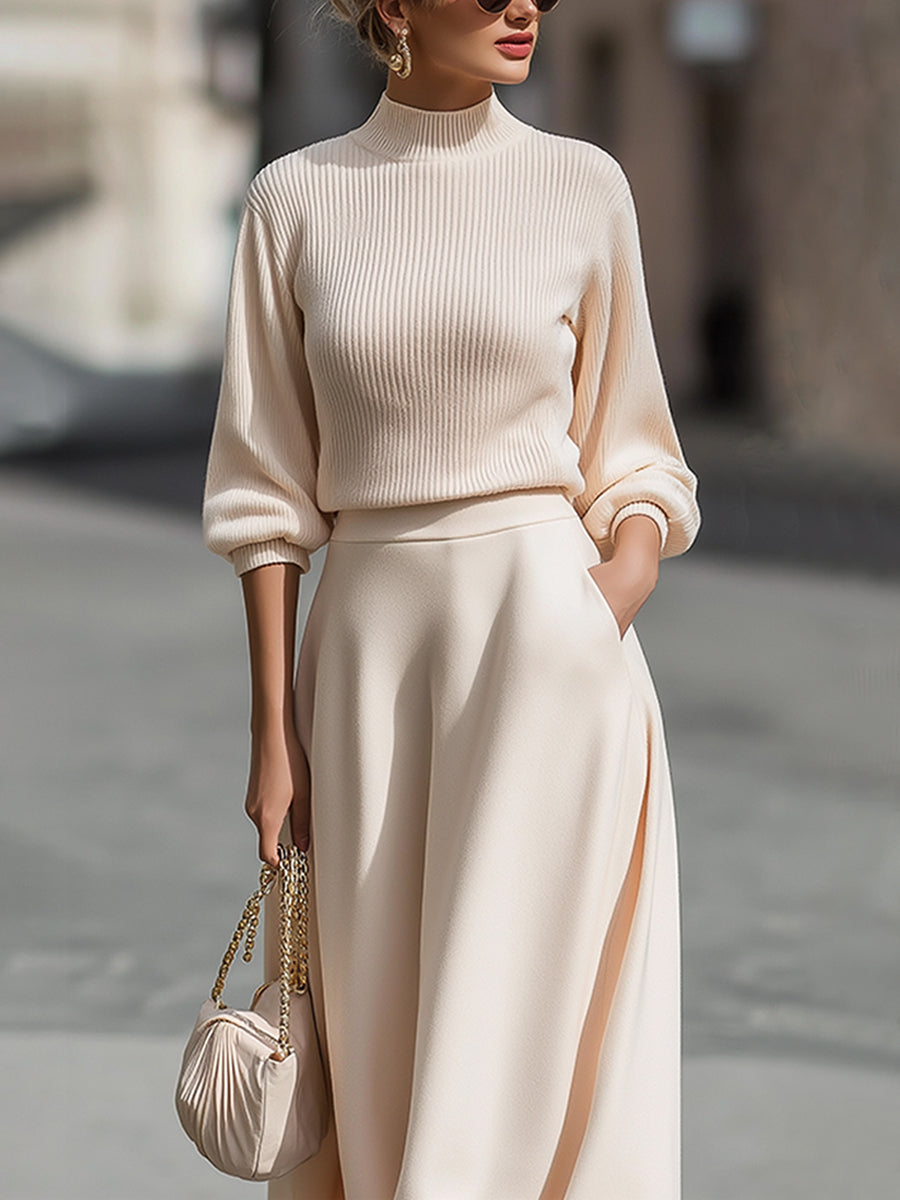 Cream Ribbed Knit Mock-Neck Midi Dress With A-Line Skirt