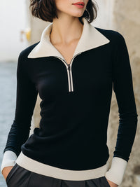 Contrast-Collar Half Zip Knit Top