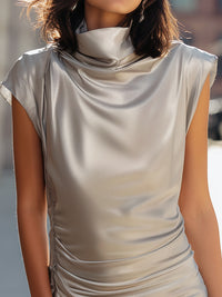 Champagne Satin Draped Mini Dress With Soft Cowl Neck