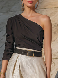 One-Shoulder Draped Top & High-Waist Wide-Leg Skirt Set