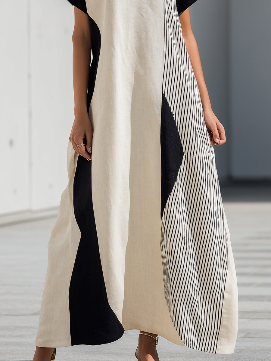 Color-blocked Short-sleeved Square-neck Slim A-line Midi Dress