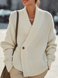 Ivory Ribbed Wrap Cardigan With Button Detail