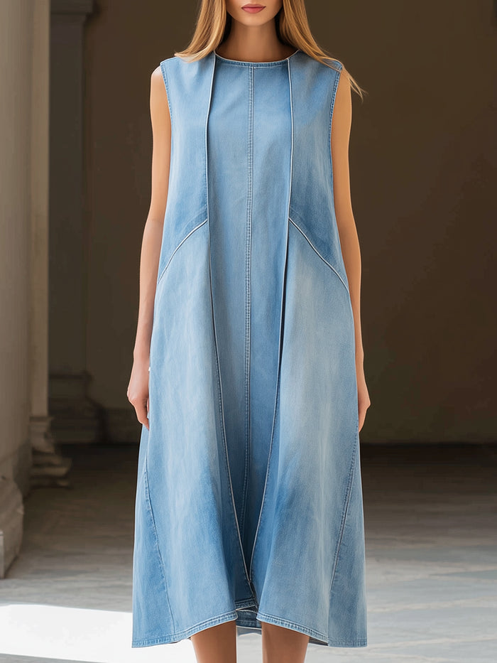 Sleeveless Panelled Denim Midi Dress