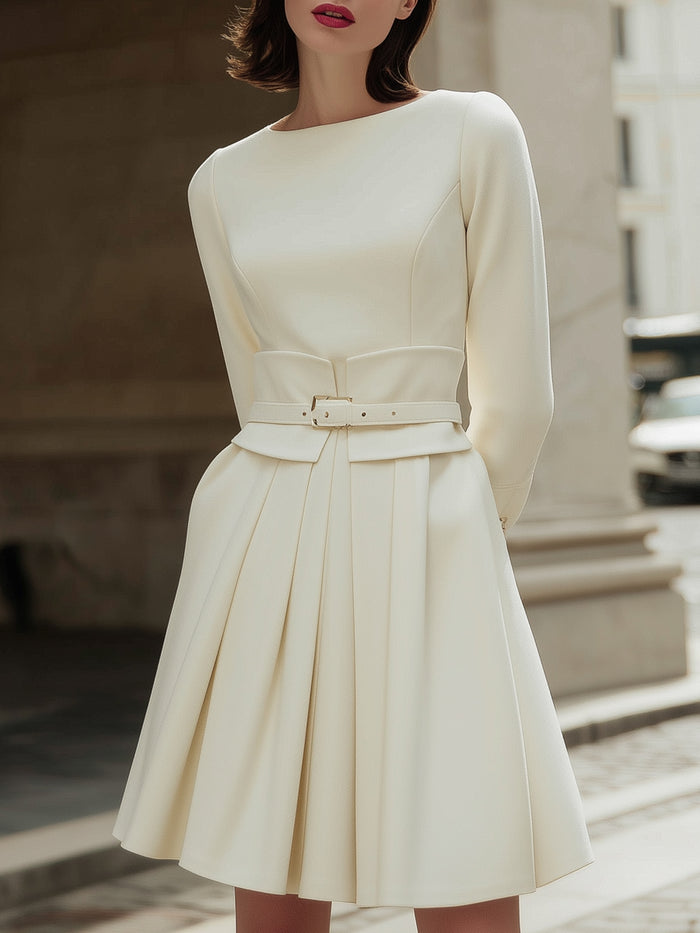 Elegant Pleated Belted Cream Dress