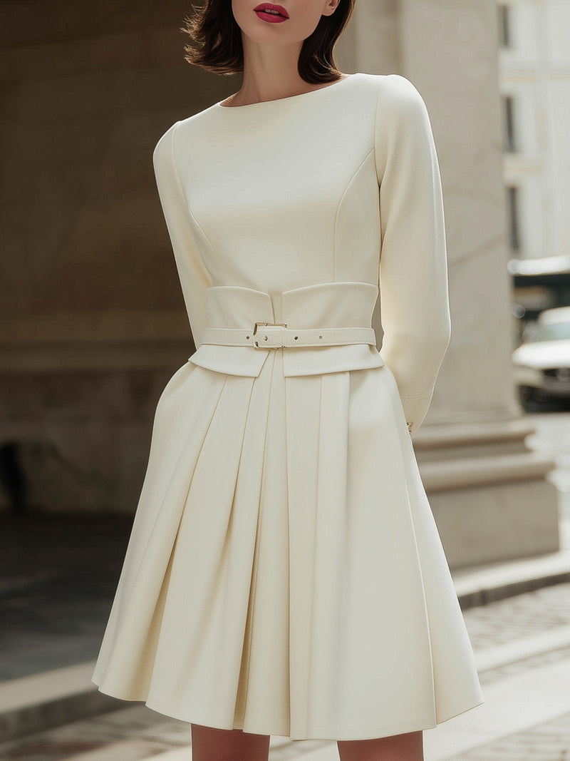 Elegant Pleated Belted Cream Dress
