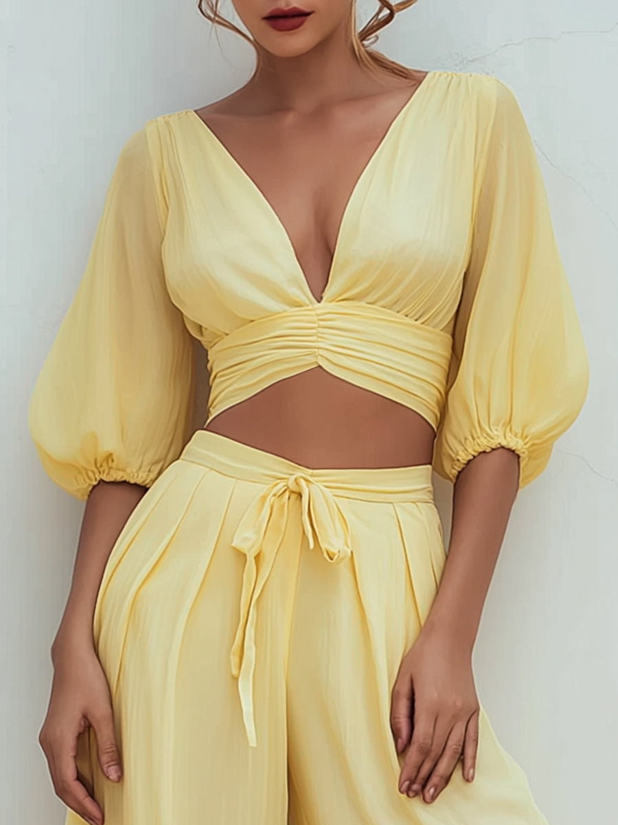 Elegant V-Neck Puff Sleeve Crop Top & Wide-Leg Pants Two-Piece Set