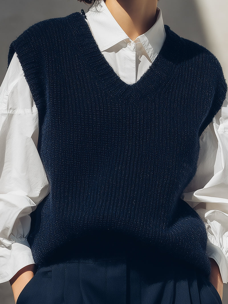 Navy Wool Knit Vest With White Cotton Shirt