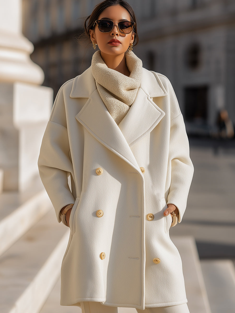Double-Breasted Ivory Wool Coat With Oversized Lapels