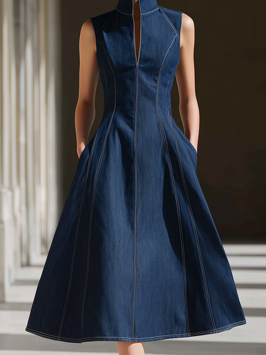 Sleeveless Stand Collar Tailored A-Line Denim Dress
