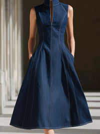 Sleeveless Stand Collar Tailored A-Line Denim Dress