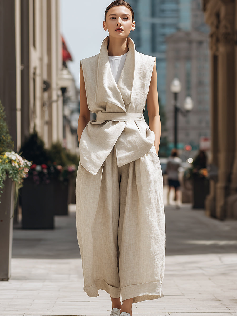 Sleeveless Belted Linen-Blend Vest & Wide-Leg Culotte Set