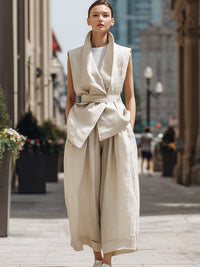 Sleeveless Belted Linen-Blend Vest & Wide-Leg Culotte Set