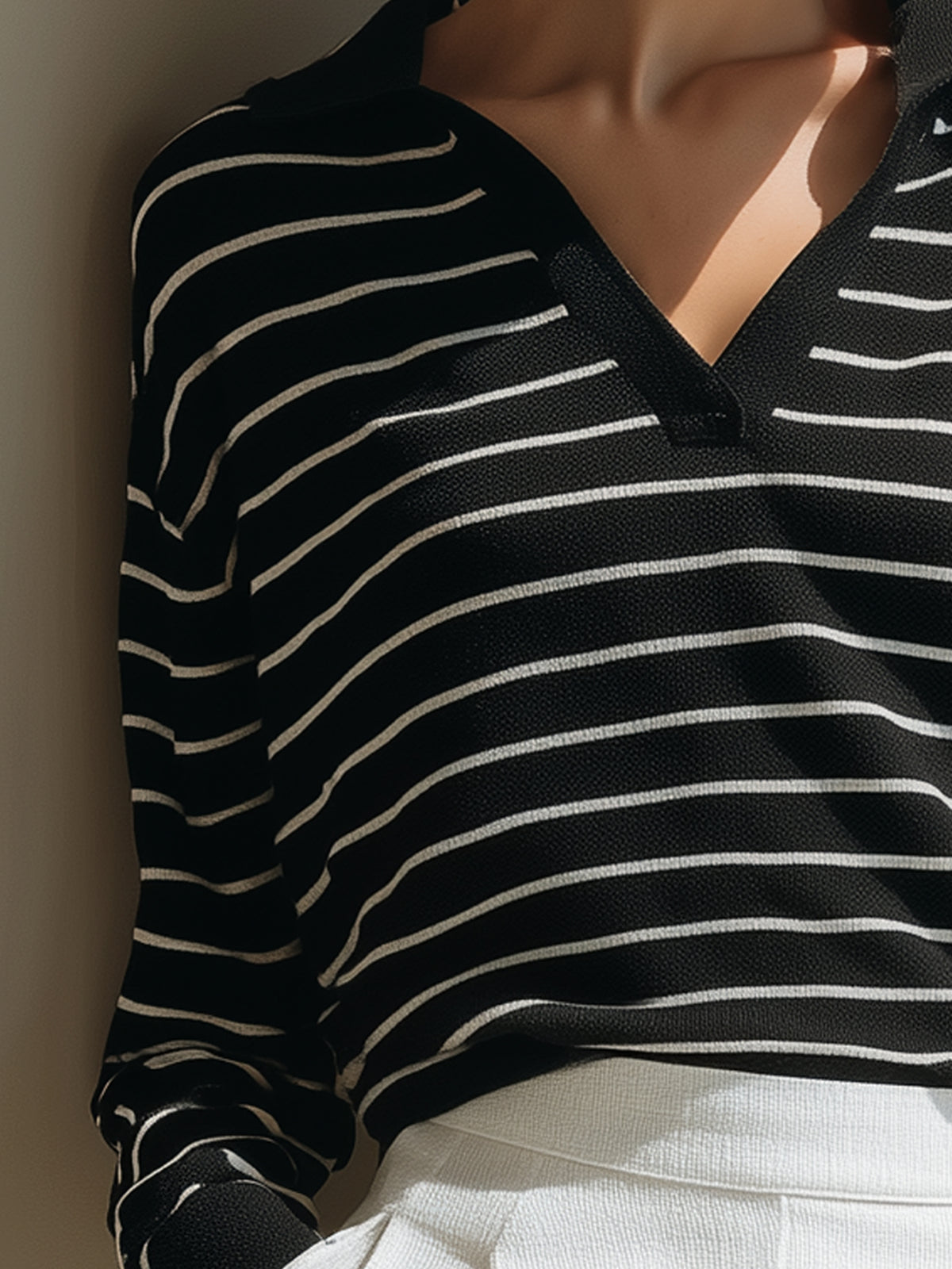 Striped V-Neck Knit Top With Relaxed Silhouette