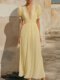 Women’s Elegant Lace Trim Pleated Maxi Dress – Vintage-Inspired Yellow Deep V Long Dress