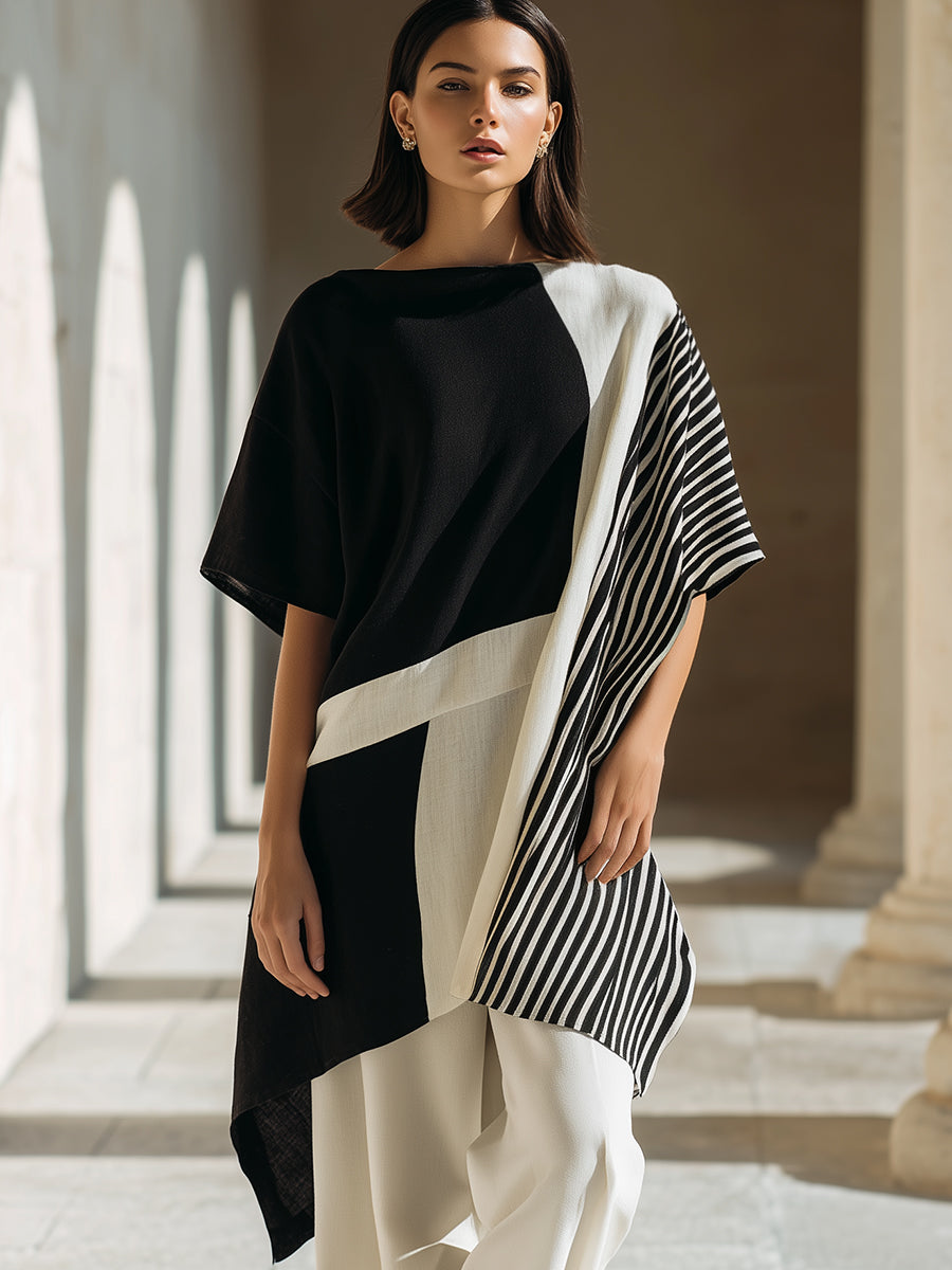 Asymmetric Stripe Color-Block Draped Top