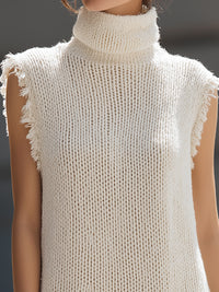 Textured Sleeveless Turtleneck Fringed Knit Tunic