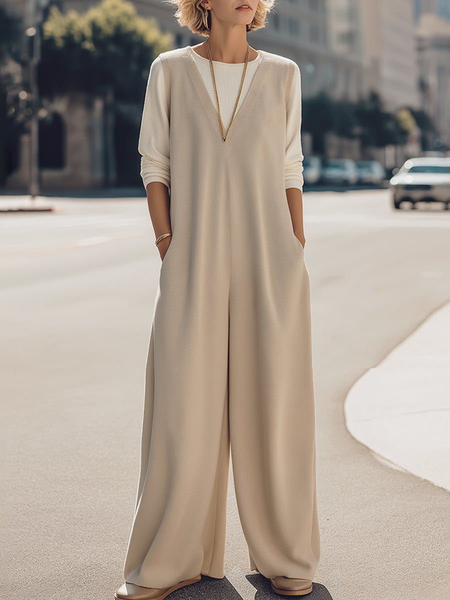 Ivory Wide-Leg Knit Jumpsuit