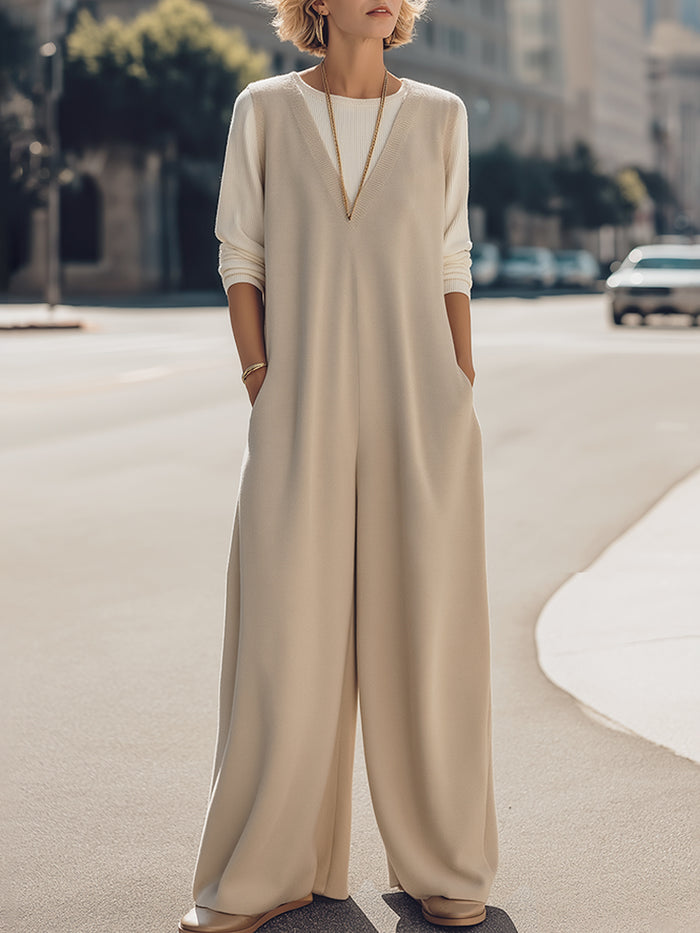 Ivory Wide-Leg Knit Jumpsuit