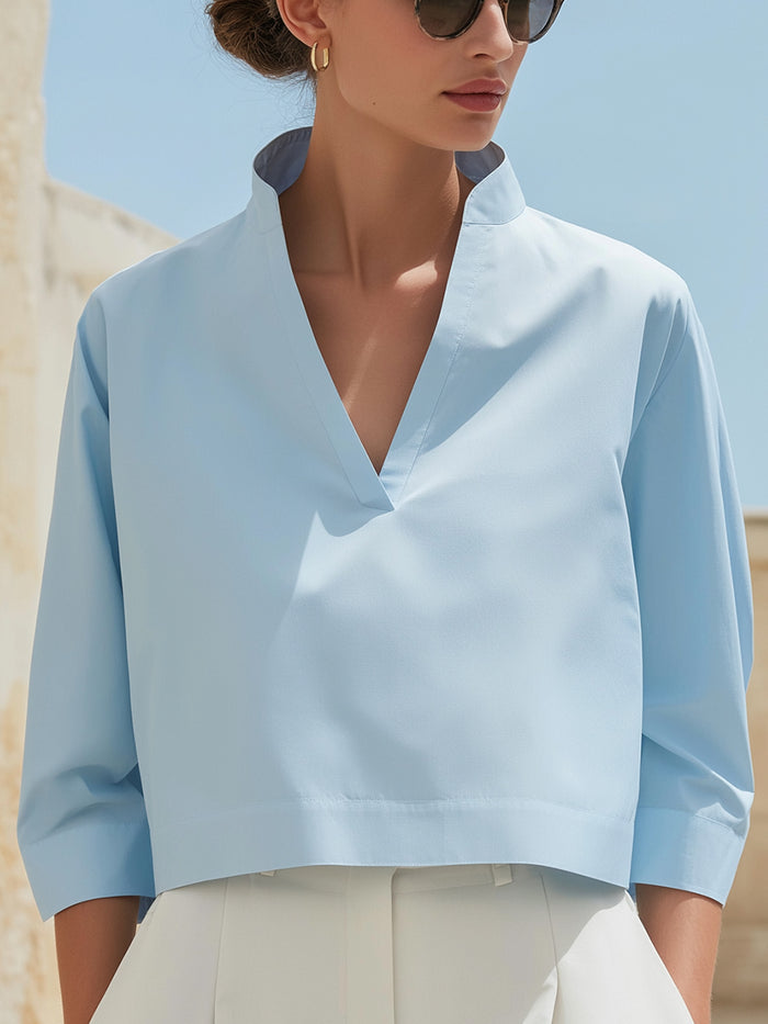 Modern V-Neck Stand Collar Cropped Blouse – Minimalist Elegant Top