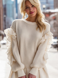 Elegant Ruffled Sleeve Sweater In Ivory