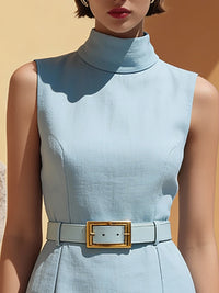 High-Neck Belted Sleek Tailoring Midi Dress