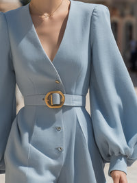 Belted Romper With Balloon Sleeves