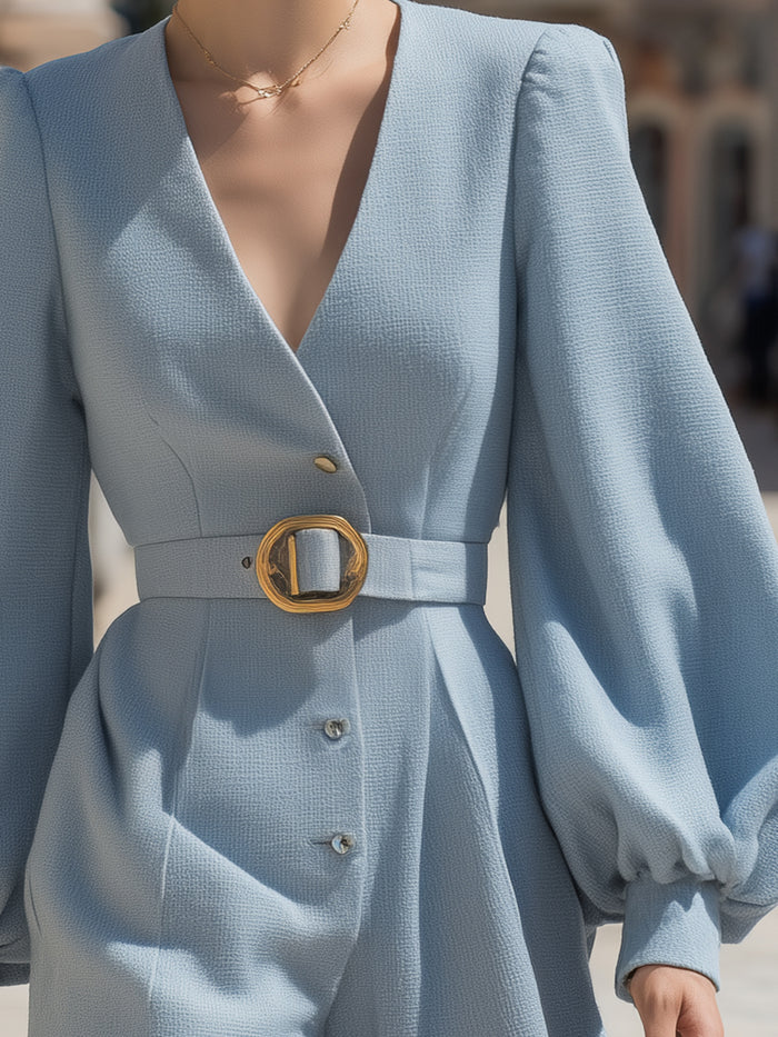 Belted Romper With Balloon Sleeves