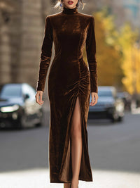 High-Neck Chocolate Velvet Gown With Ruched Slit