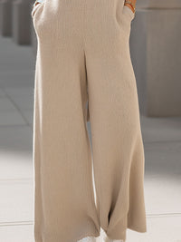 Beige Ribbed Knit Wide-Leg Jumpsuit