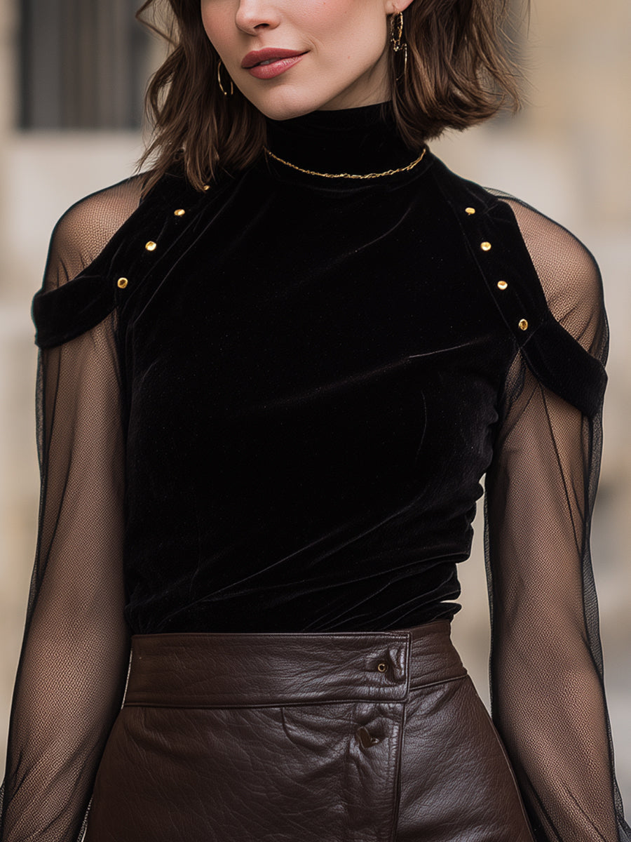 Black Velvet Mesh Sleeve Top With Gold Stud Shoulder Detail