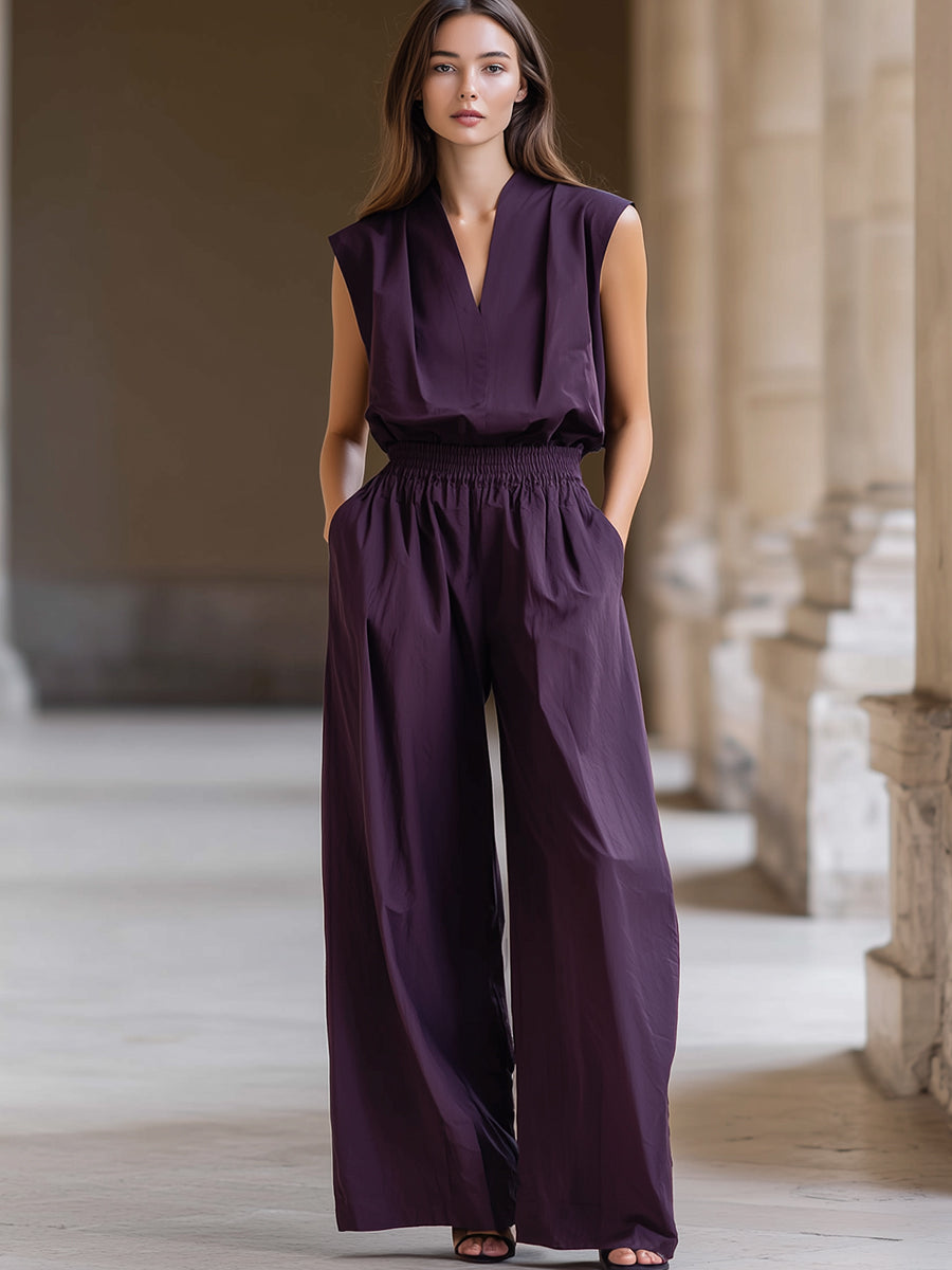 Sleeveless V-Neck Elastic Waist Wide Leg Jumpsuit