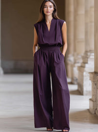 Sleeveless V-Neck Elastic Waist Wide Leg Jumpsuit