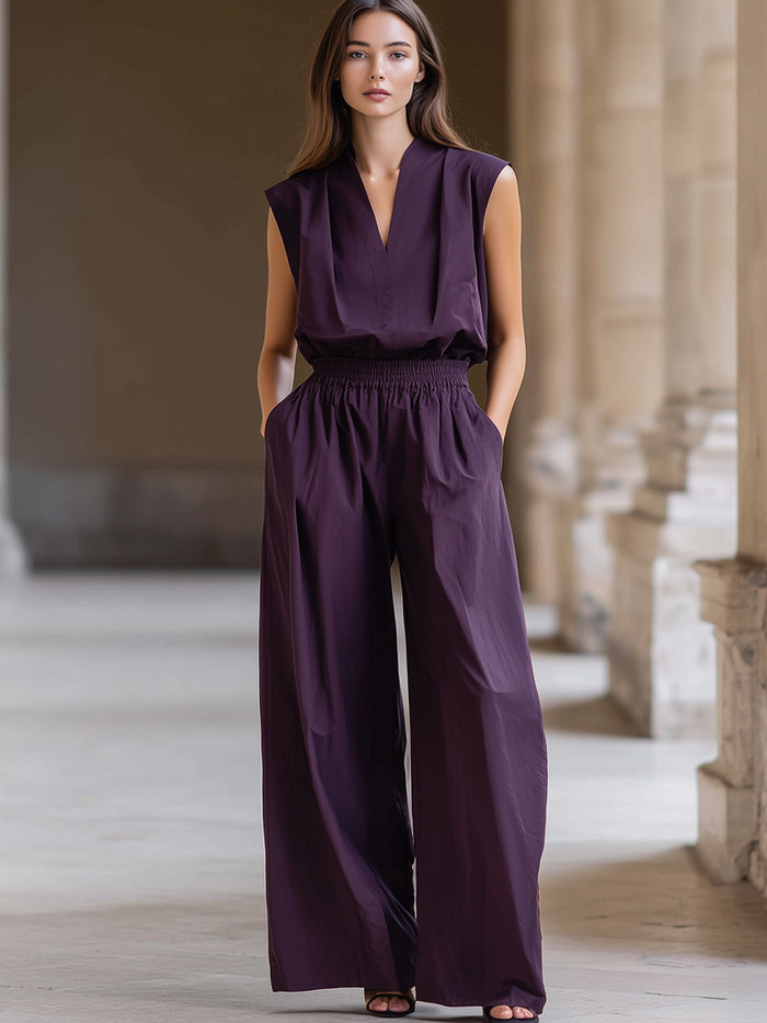 Sleeveless V-Neck Elastic Waist Wide Leg Jumpsuit