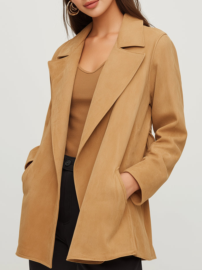 Suede-Look Open Front Coat