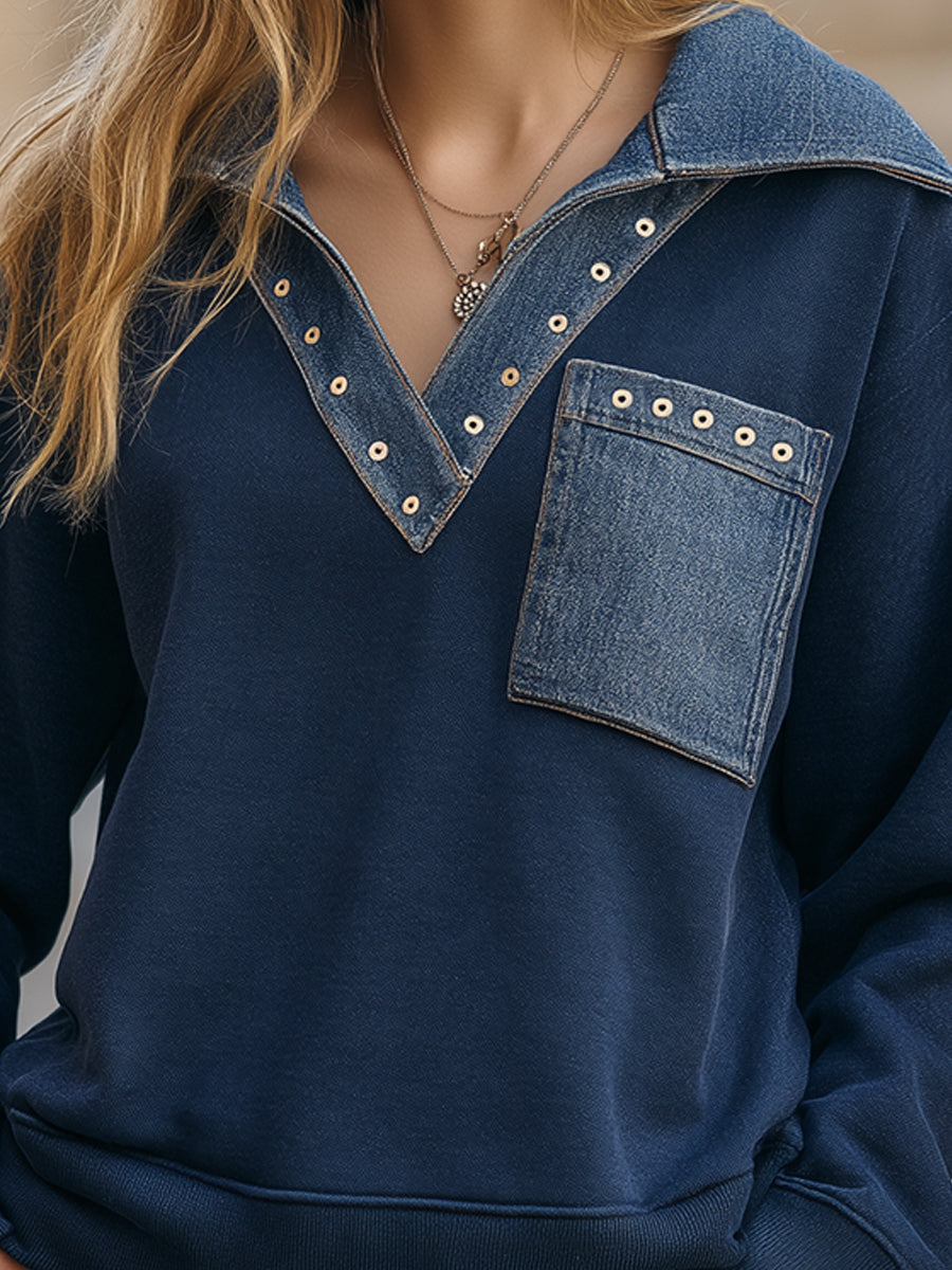 Denim-Trimmed V-Neck Pullover Sweatshirt