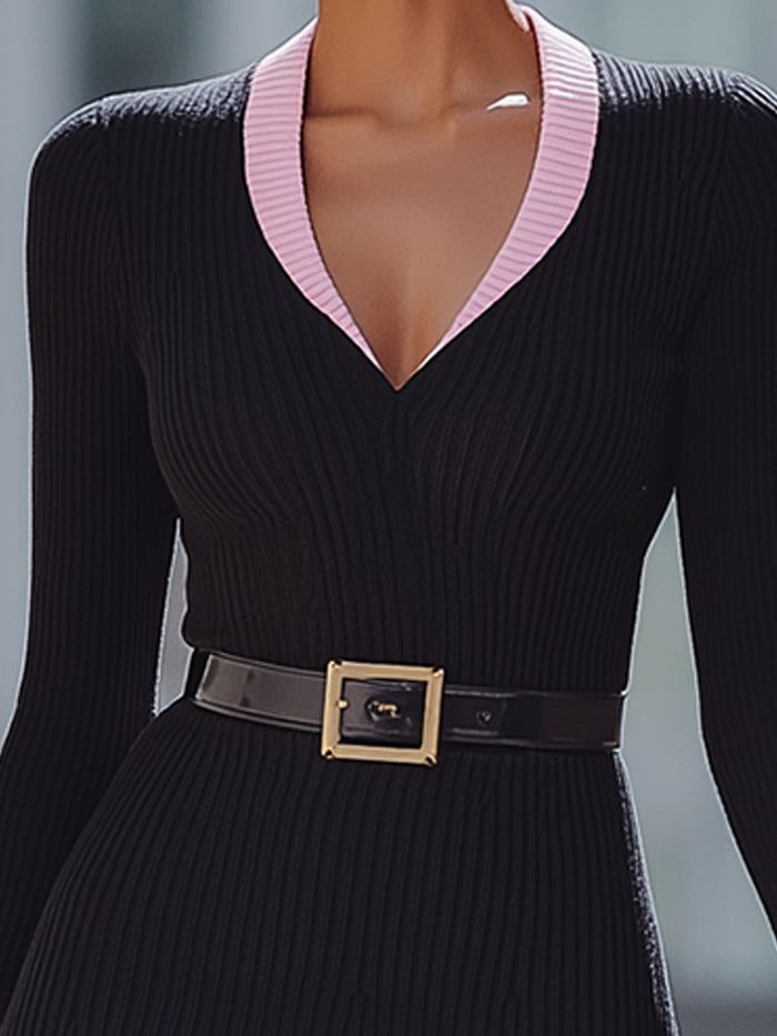 Black Ribbed Knit Dress With Pink Trim