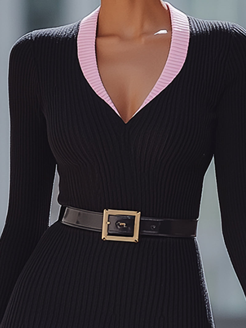 Black Ribbed Knit Dress With Pink Trim