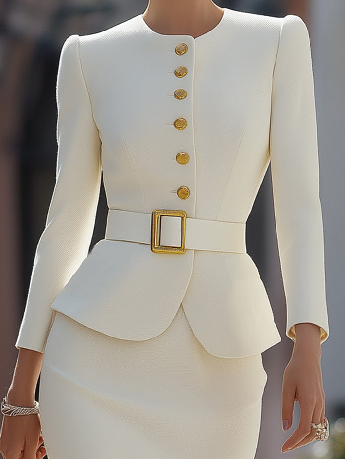Chanel Style Gold Button Ruffle Suit